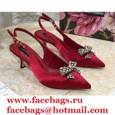 Dolce & Gabbana Heel 6.5cm Satin Slingbacks Red with Crystal Bow 2021 - Click Image to Close